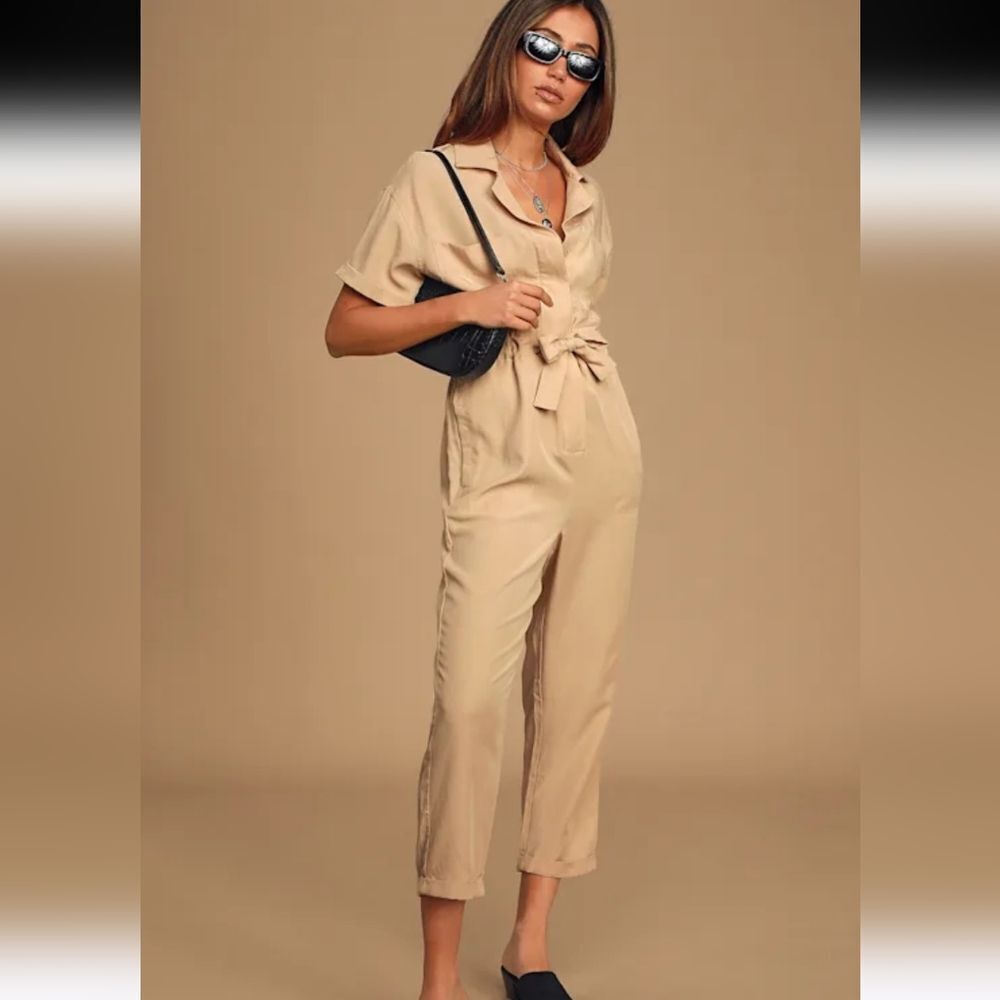 Astr Miri Classic Sand Beige Jumpsuit Linen Lyocell Blend Size L